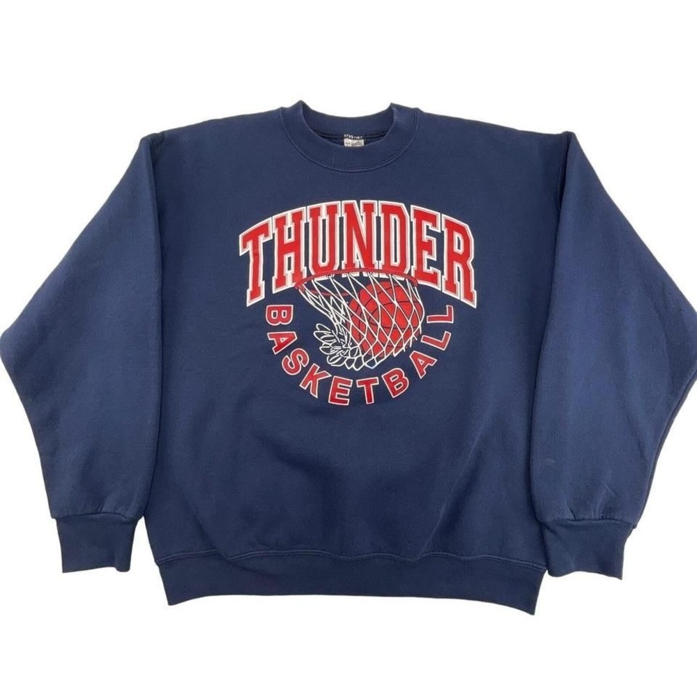 Hanes Navy Crewneck Sweater with Thunder Basketball Design